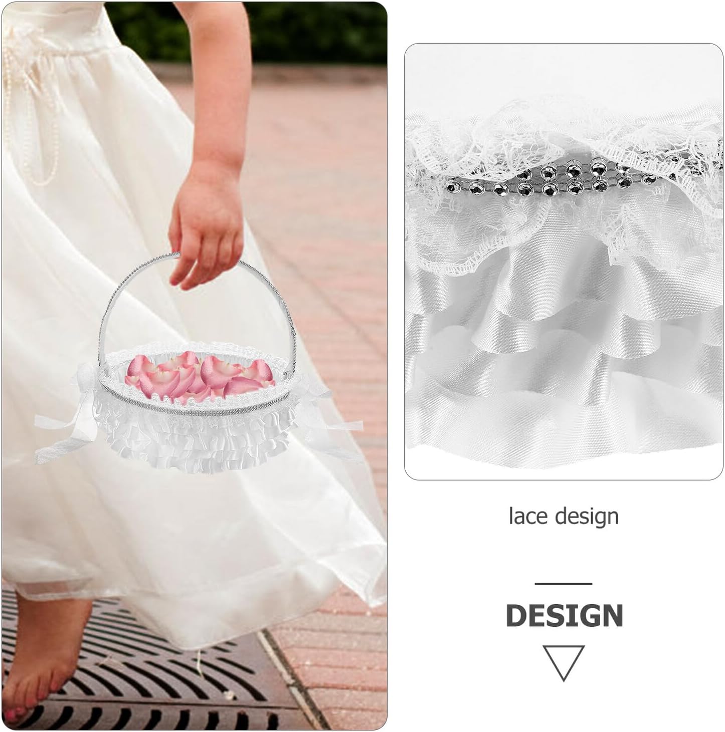 Housoutil Rustic Wedding Petal Basket Medium White Lace Flower Girl Basket Handheld for Wedding Party Ceremony Supplies