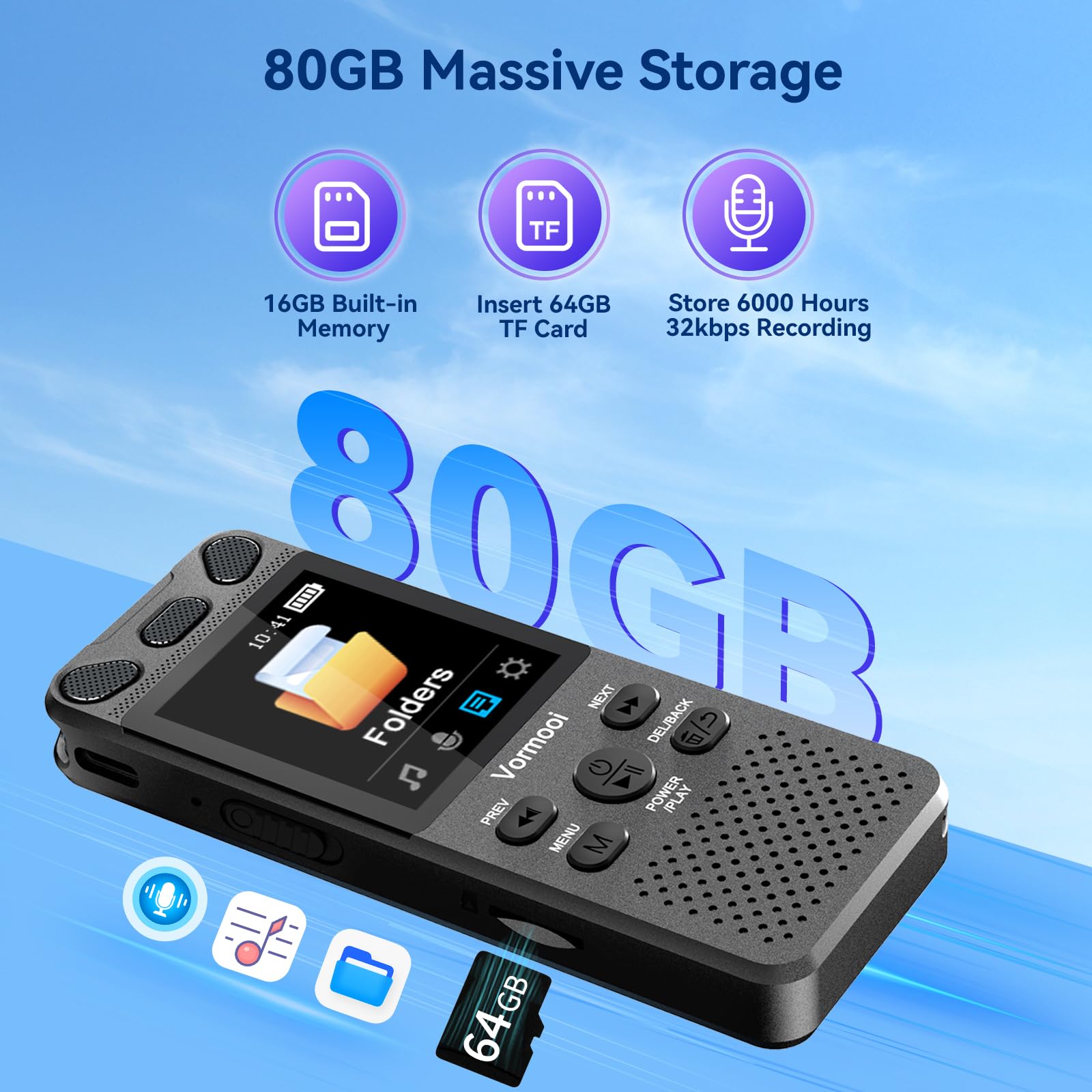 Digitaler Voice-Recorder, 80 GB, 110H, professioneller Audio-Recorder mit 5,4 cm (2,15 Zoll) Farbdisplay und externem Mikrofon, Vormooi USB C, tragbarer MP3-Recorder, Sprachaktivierung für Studio