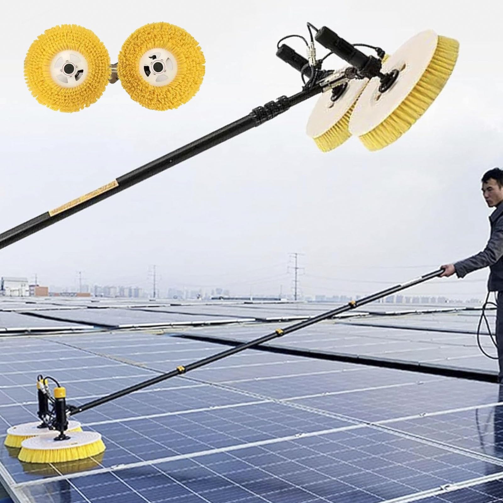 Generico Kit di spazzole telescopiche per la Pulizia dei Pannelli solari - Doppia Testina Rotante per Una Manutenzione efficiente dei Pannelli solari Esterni e Una brillantezza Senza aloni.