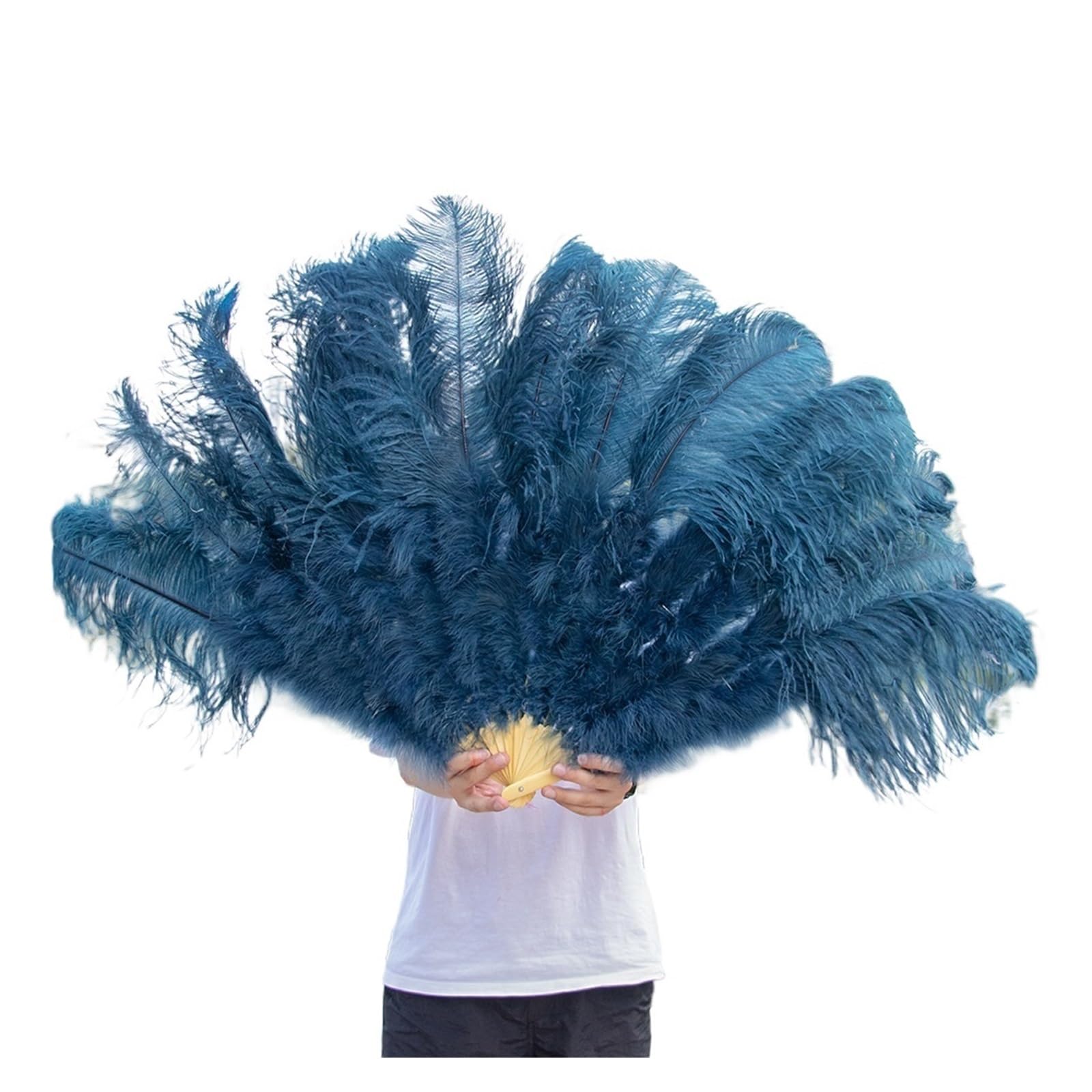Éventail en plumes naturelles bleu profond, une confection authentique de 130 cm