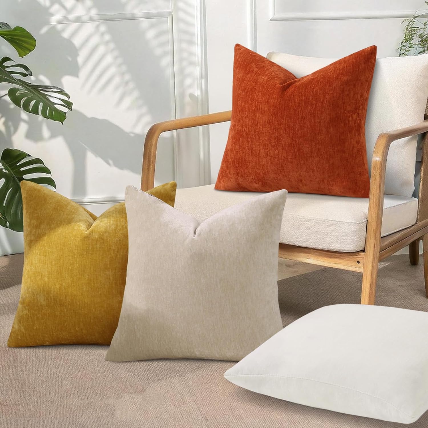 decorUhome Set of 4 Throw Pillow Covers 20x20 Inch, Decorative Chenille Soft Square Couch Spring Pillow Covers, Farmhouse Neutral Covers for Sofa Bed Living Room (Beige/Rust)