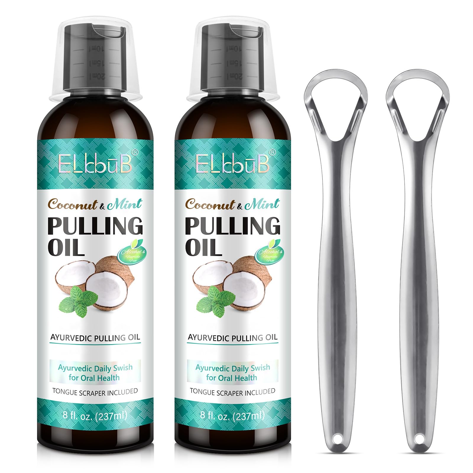 Coconut Pulling Oil - Ayurvedic Mint Oil Pulling Mouthwash with Tongue Scraper | Natural Essential Oils for Fresh Breath, Teeth Whitening & Healthy Gums | Alcohol-Free 8 Fl. Oz 2Pack