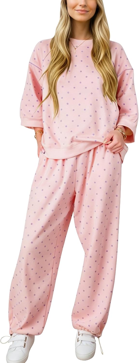 OLAPTA Women Polka Dot Two Pieces Tracksuits Set Polka Dots 3/4 Sleeve Loose Sweatshirt Drawstring Cinched Bottom Pants Set