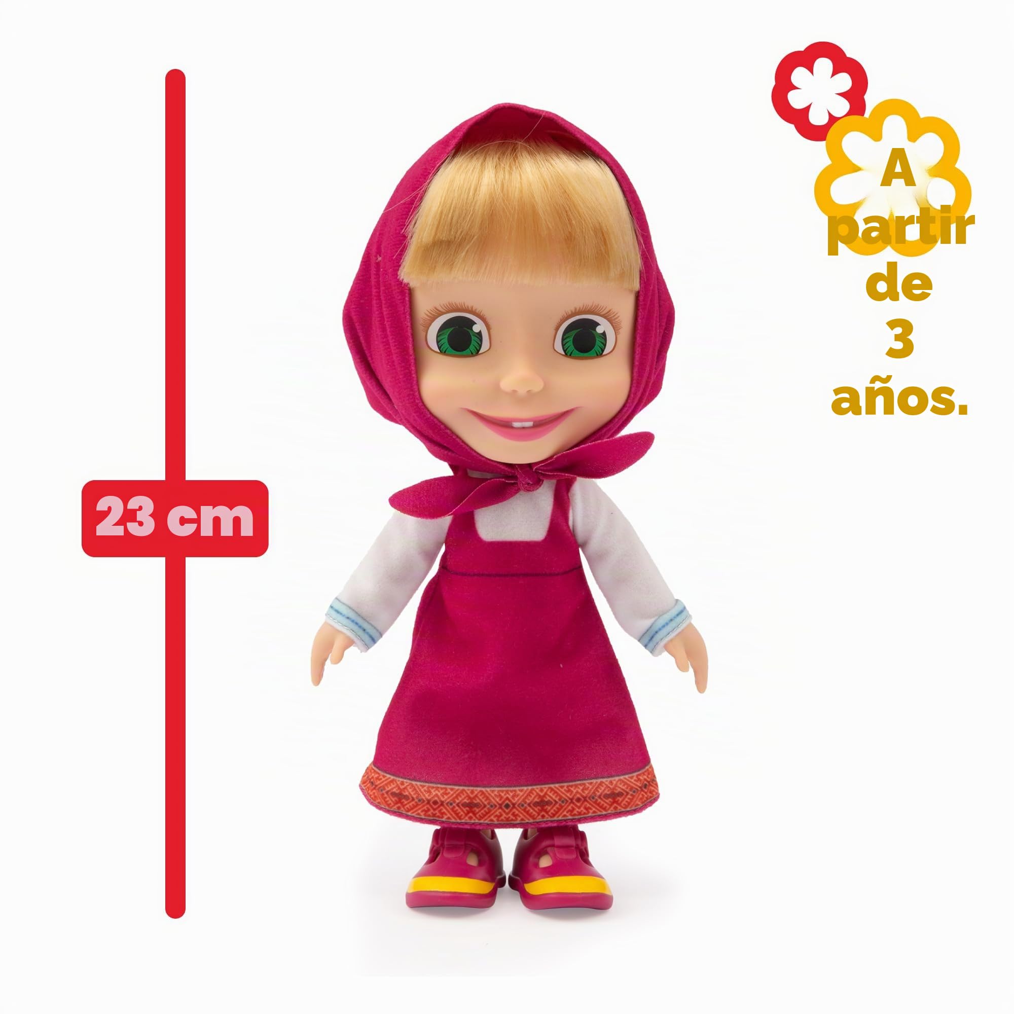 Masha and The Bear, Muñeca de Peluche de 23 cm, Viste Traje Clásico de Masha con su Sombrero, Mismo Aspecto Que en la Serie de Dibujos Animados, Detalles Especiales, Famosa (MHA24000)