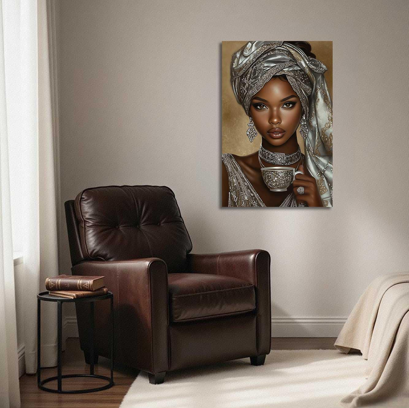 ZSHDEYMTOP African American Canvas Wall Art Black Woman Drinking Coffee Picture Prints African Girl Wearing Silver Headdress Painting Black Girl Poster Decor (Brown, (18L x 12W))