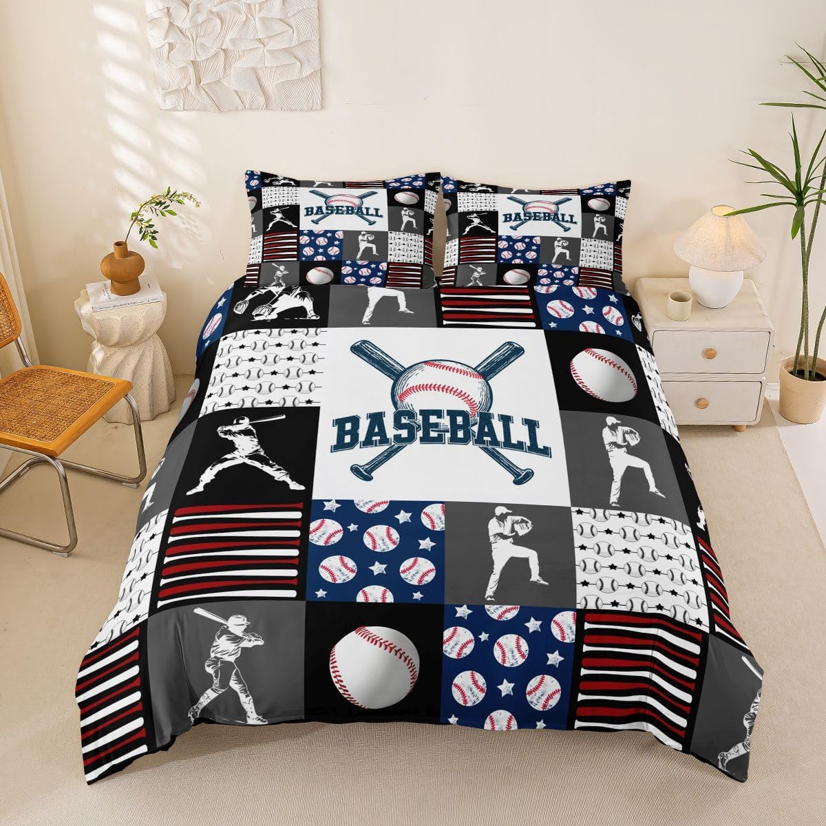Teen Boy Sports Baseball Twin Bedding Set,Kids Baseball Athlete Duvet Cover,Grunge Hippie Tie Dye Ball Bed Set Room Decor Patchwork Pattern Comforter Cover 1 Pillow Case（Red Blue Black White Grey）