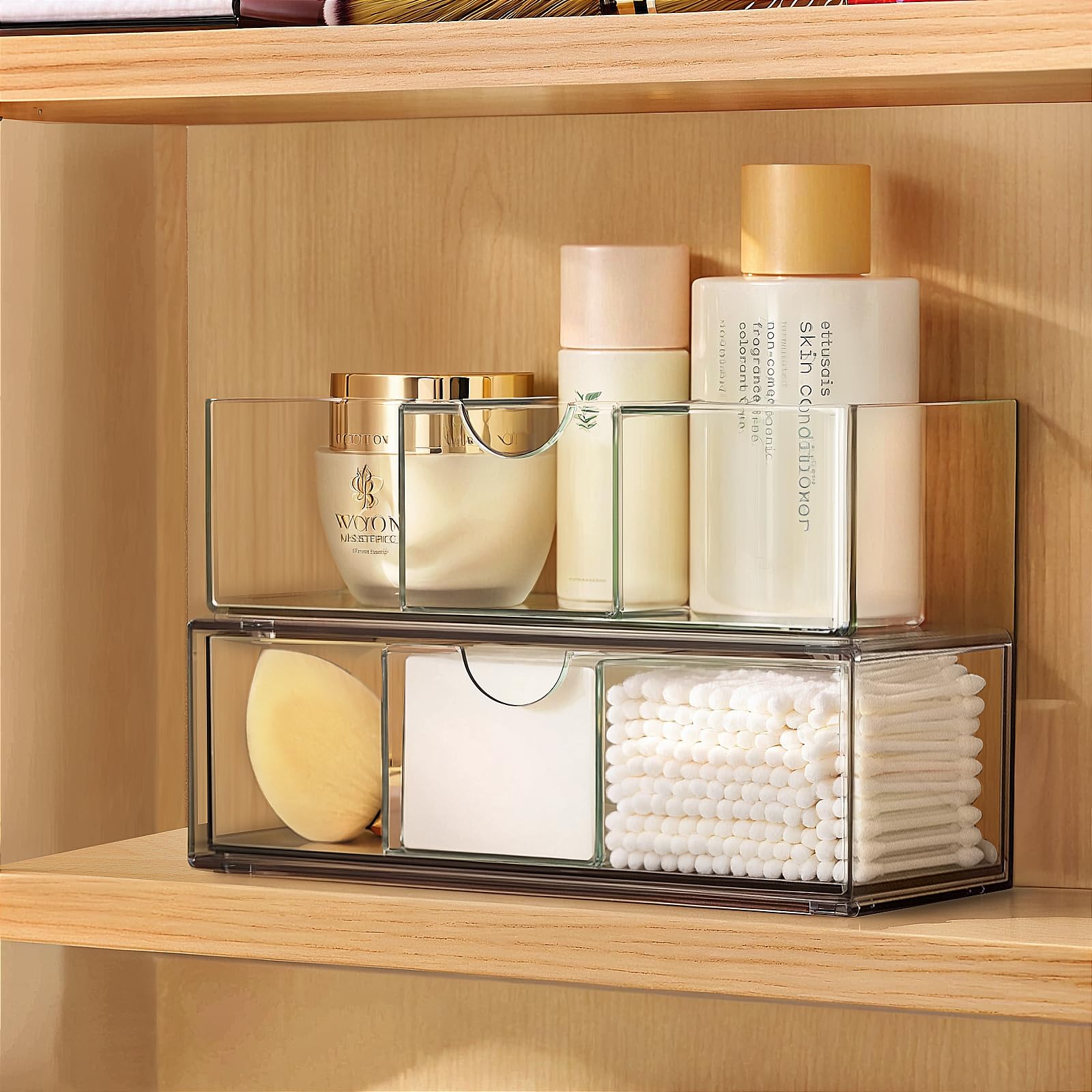 PAVSTINE Medicine Cabinet Organizer 2 Pack, Stackable Storage Drawers with Removable Divider, Make Up Organizer for Bathroom Mirror Cabinets, Vanity,