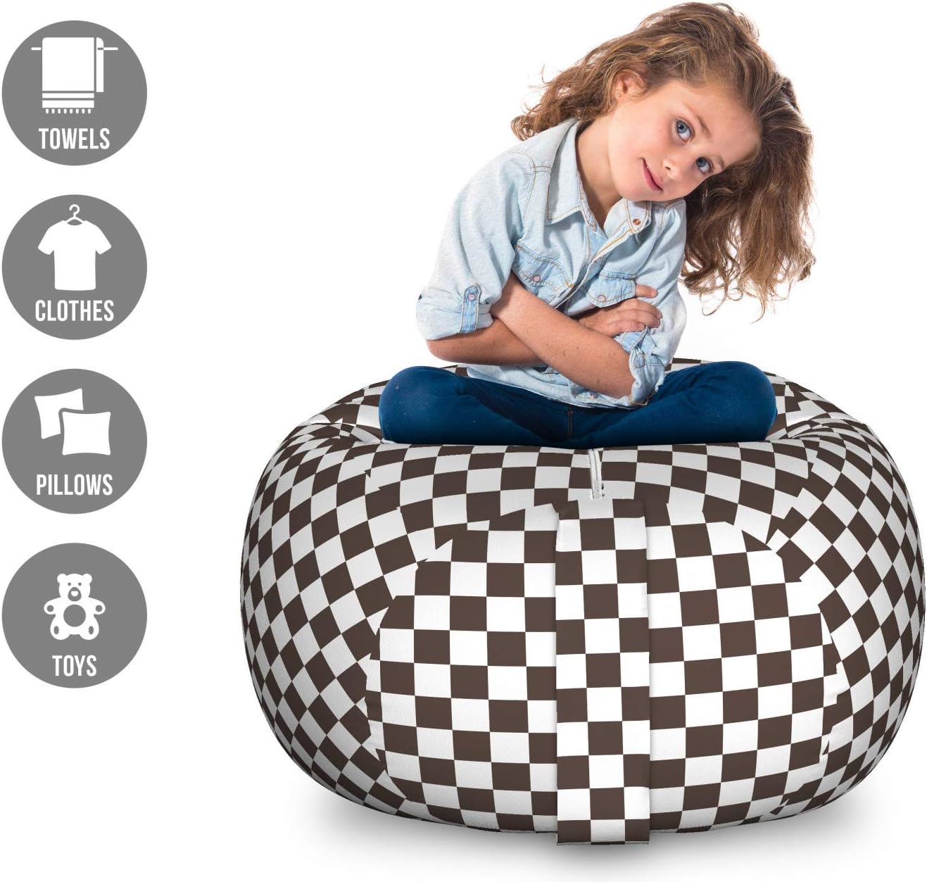 Lunarable Geometric Storage Toy Bag Chair, Classical Checkered Pattern Contemporary Modern Design Simplistic Print, Stuffed Animal Organizer Washable Bag, Large Size, Dark Brown White