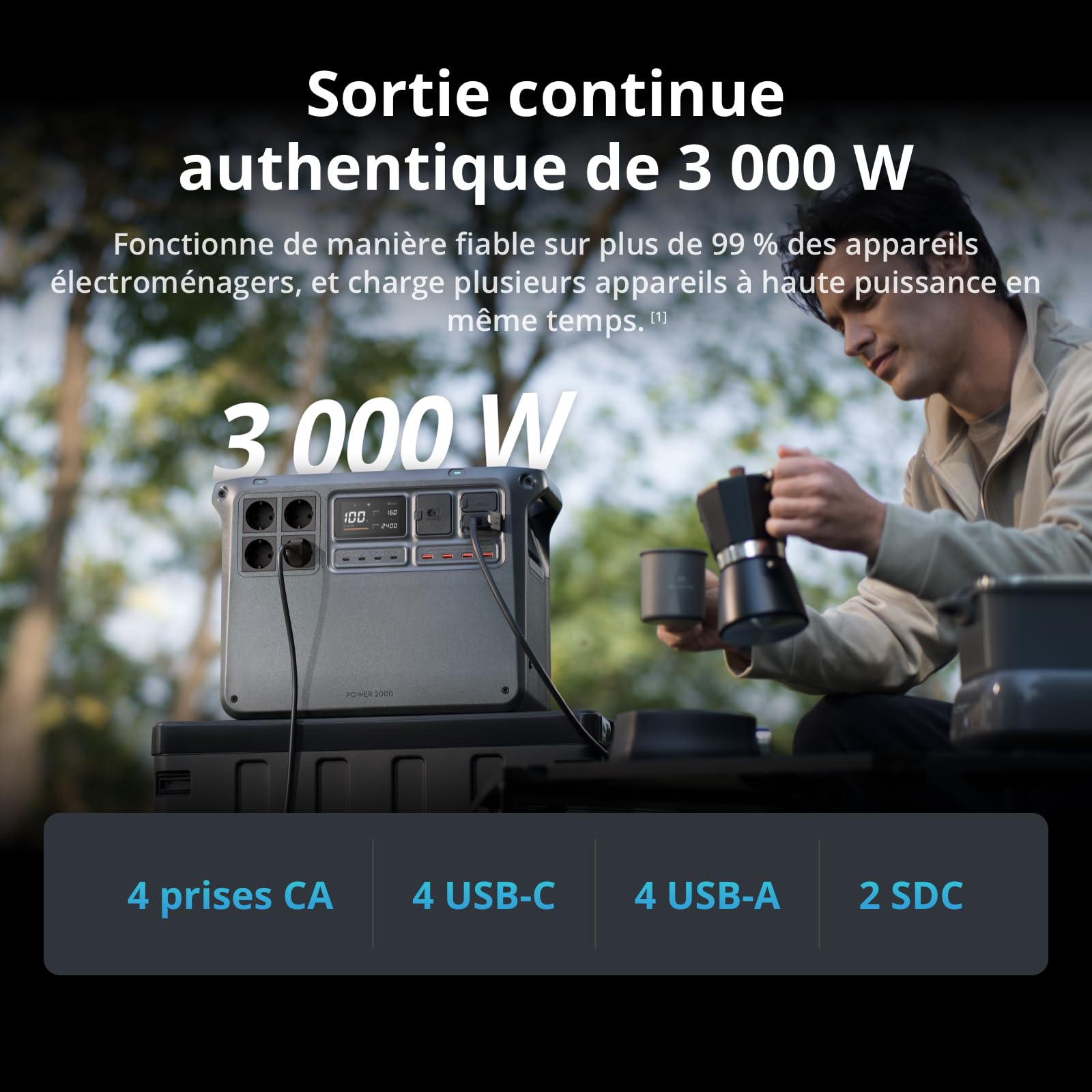 DJI Power 2000 Station électrique portable, batterie LFP de 2 048 Wh, sortie de 3 000 W, recharge de 0 à 80% en 45 min, format compact, panneau solaire 120 W, camping-car, toits, pour l’extérieur