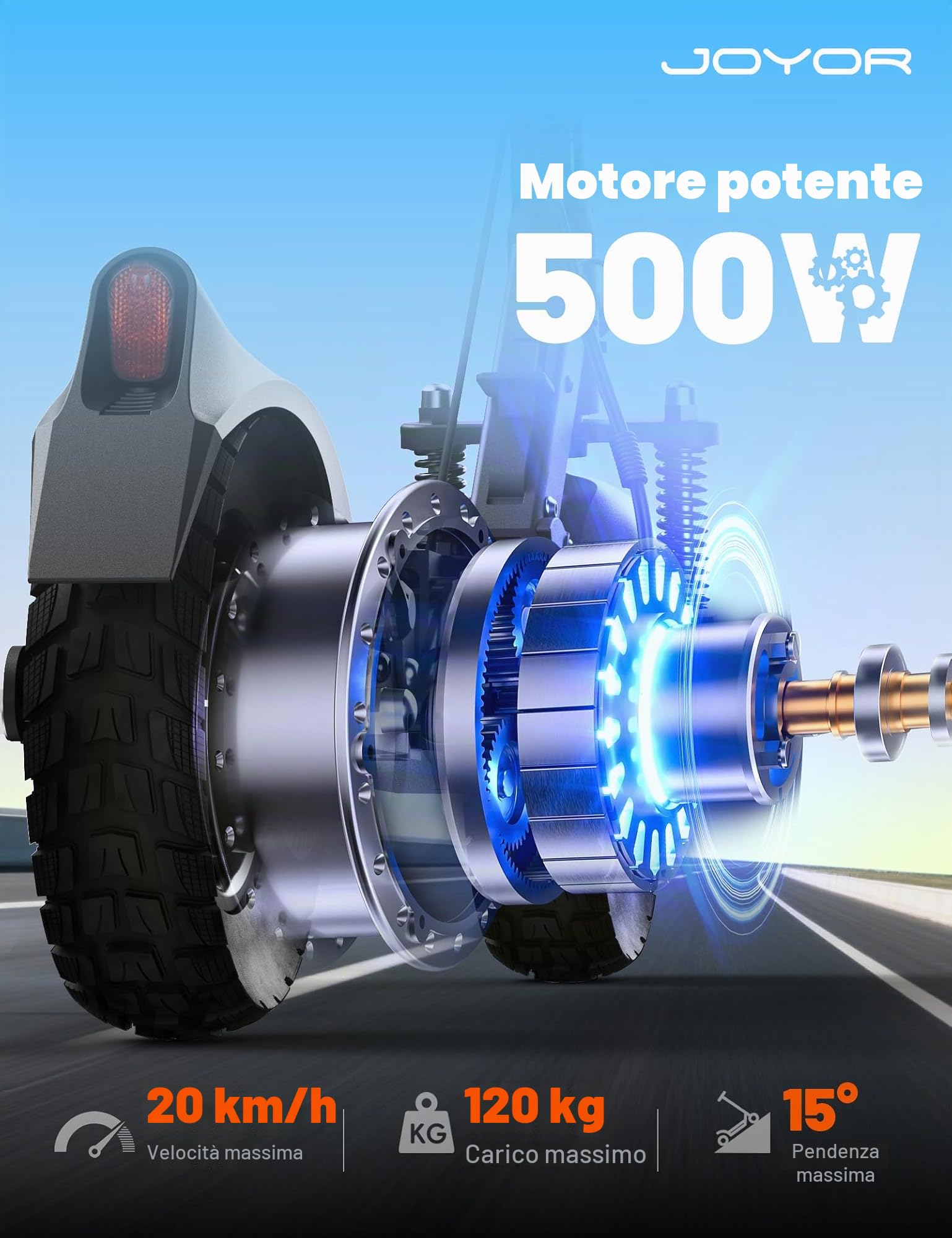 JOYOR Y8-S - Monopattino elettrico per adulti, scooter elettrico con 48 V 26 Ah batteria e autonomia 100 Km, 10" pneumatici e doppia sospensione, motore 500 W e 20 Km/h, per tutti i terreni
