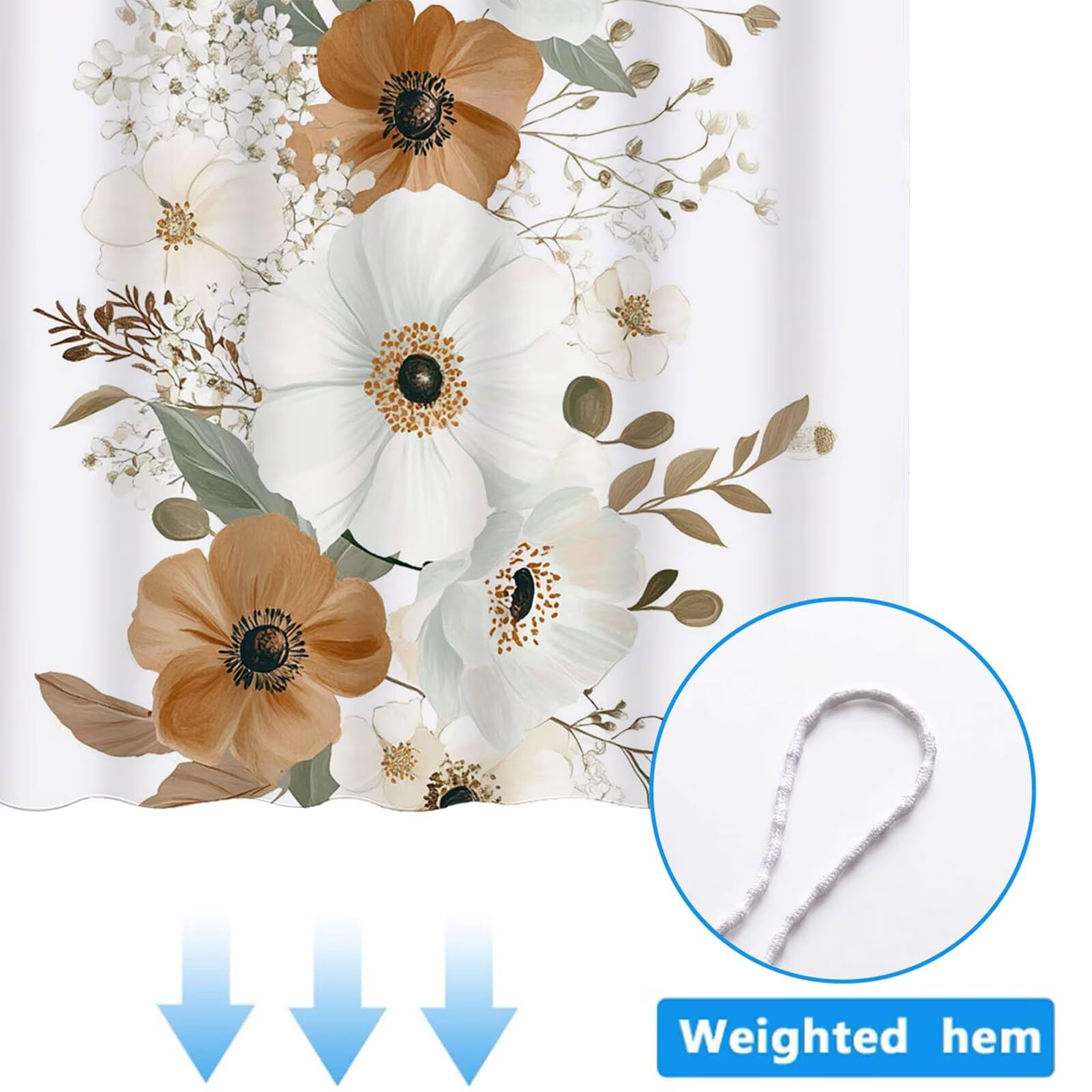 Cortina de Ducha Blanco Cortina Ducha, Antimoho, Tela Impermeable Poliéster, Shower Curtain 220x200 cm con 12 Ganchos y Dobladillo Ponderado, Shower Curtain Lavable para Baño o Bañera, Flor 3Y#169