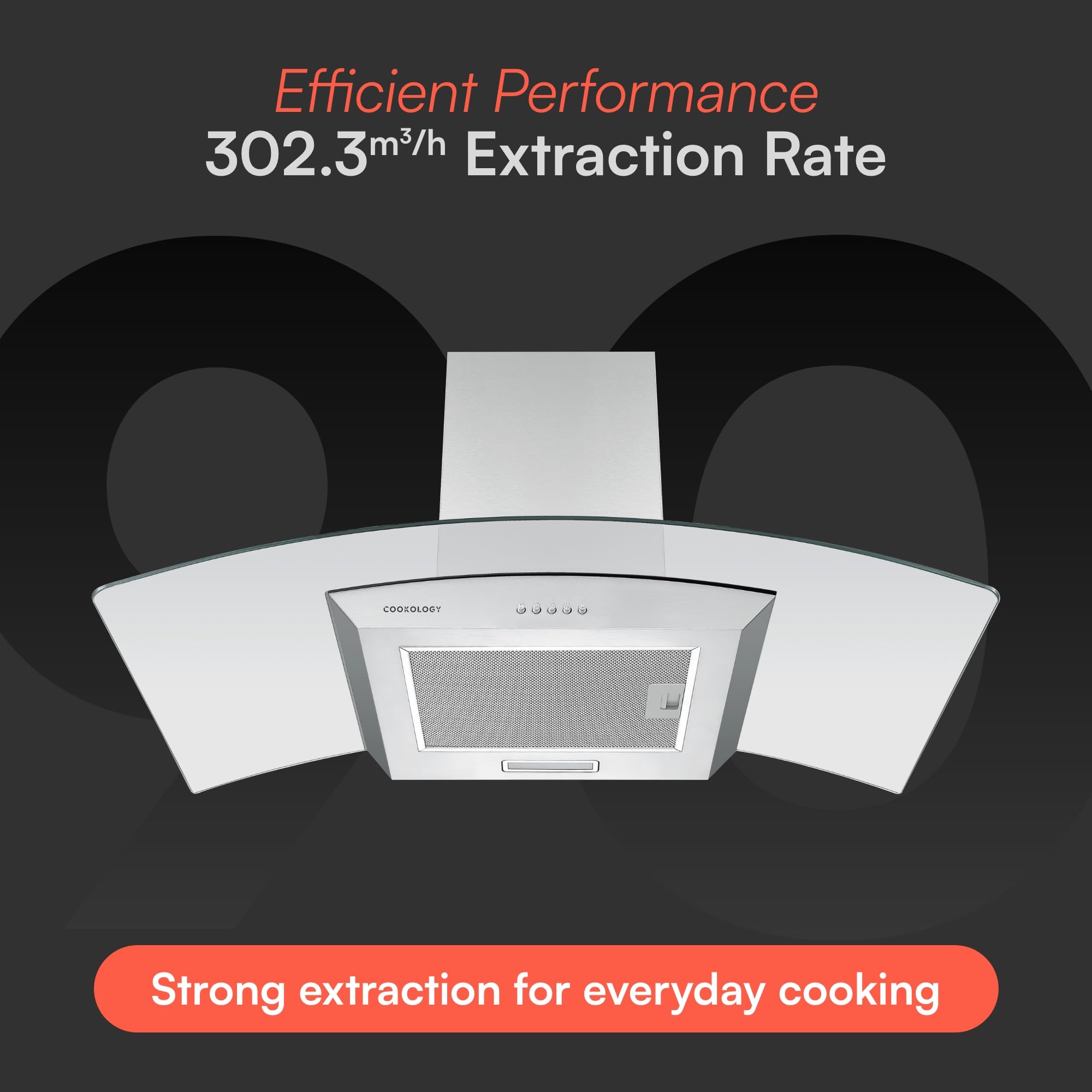 Cookology Curved Glass Chimney Cooker Hood, Wall Mounted Extractor Fan, LED lighting, Adjustable Height (Stainless Steel, 90cm) — view 5