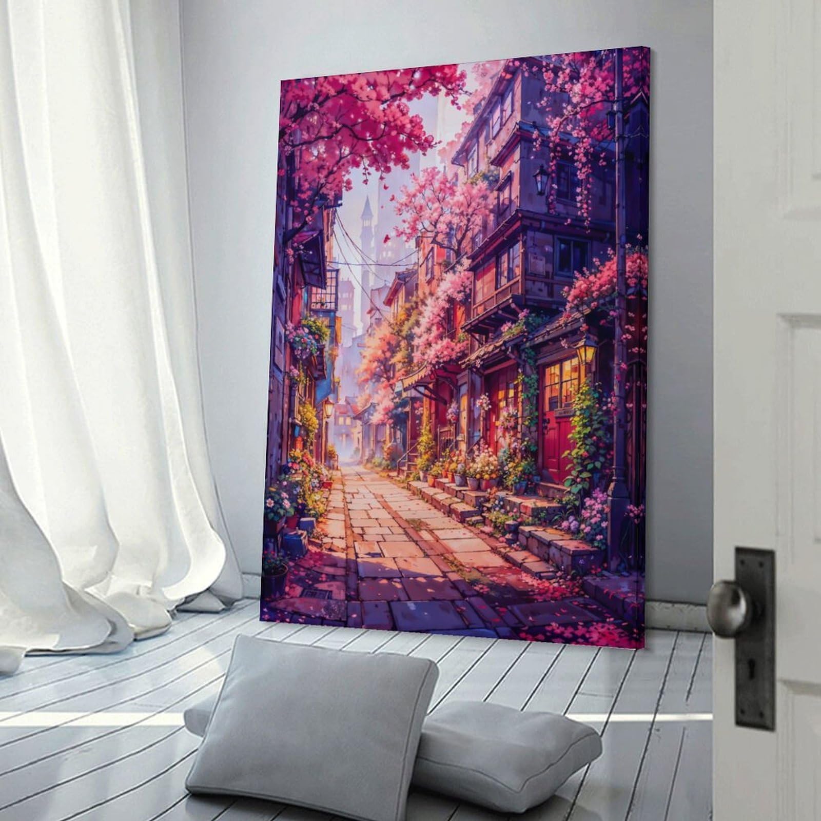 Junmoney Frame-Style-12 Canvas Art Print Cherry Blossom Lane, 20X30inch(50X75cm), For Office, Study Or Home Workspace, Wall Art That Adds Style To Work Areas