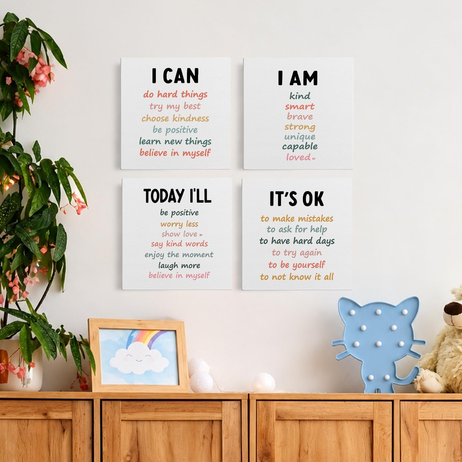 BESERH Positive Affirmation Wall Art Decor, Inspirational Motivational Quote Wall Art Prints Wall Hanging Signs for Classroom Kids Room Nursery Library Playroom, 8x8 Inch Set of 4