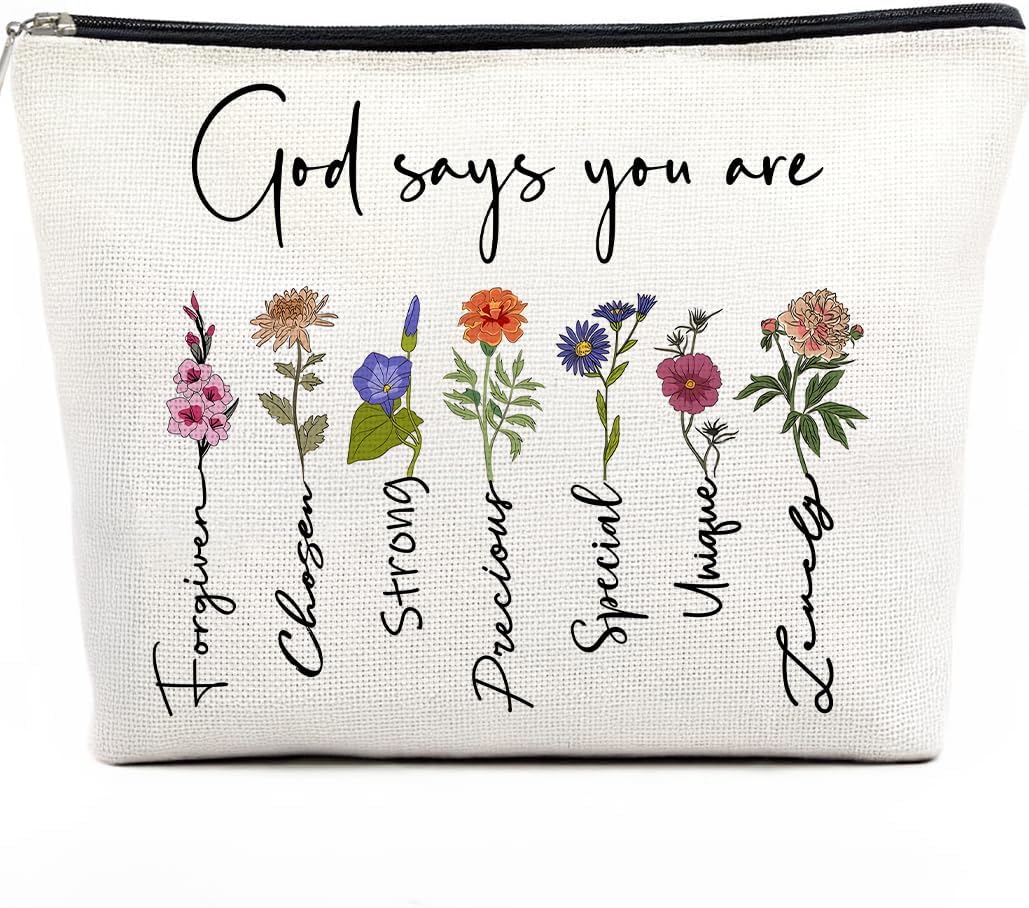 Christian Makeup Bag for Women – Floral Bible Verse Cosmetic Bag with Inspirational Scripture, Sister Gift, Affirmational Gifts for Women, Christian Gifts, God Says You Are (Beige-God says you are)