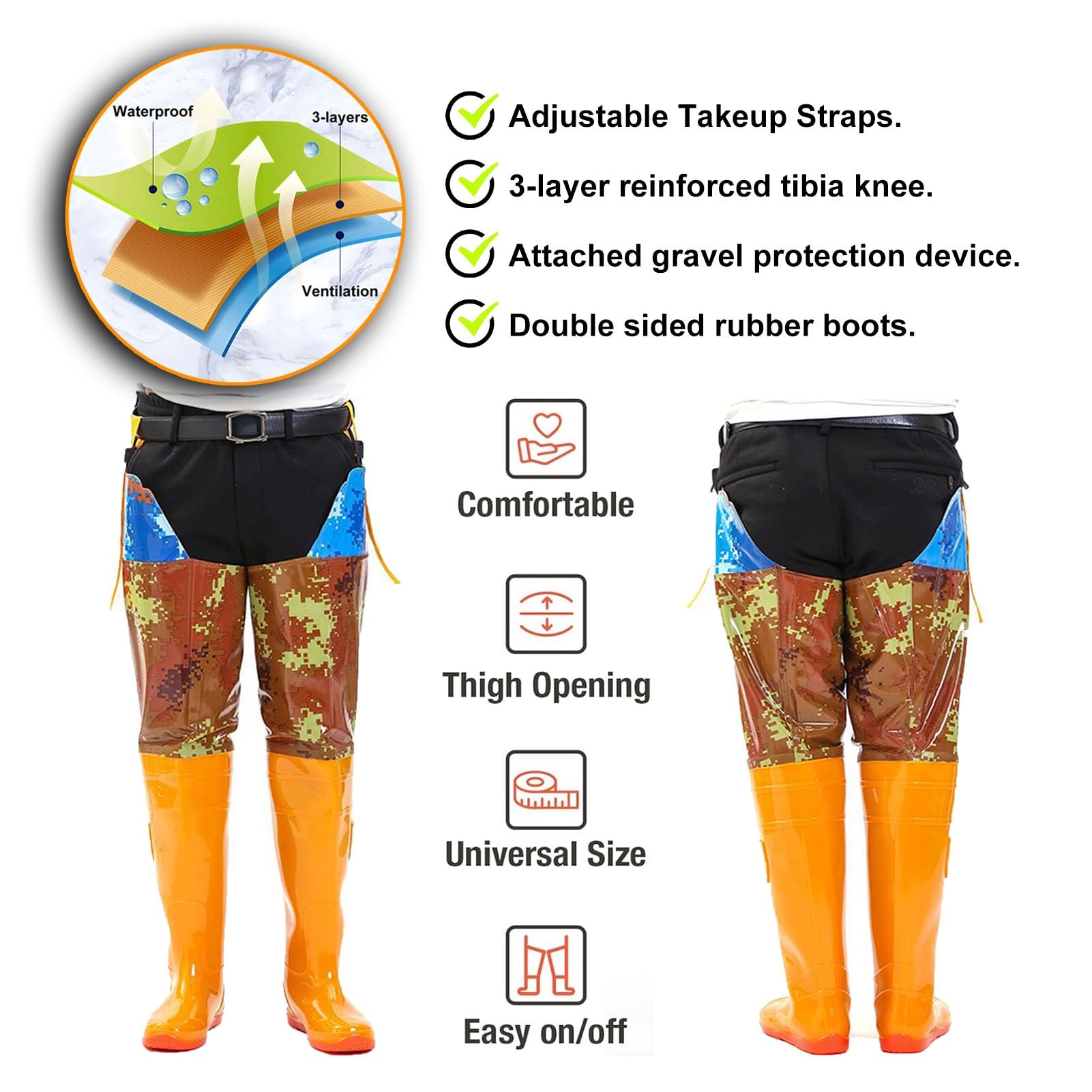 Waders hip Waders mimetici con cuciture sui fianchi, robusti wader da pesca antiforatura, per la caccia nelle paludi(47 EU)