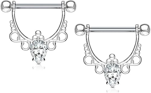 Forbidden Body Jewelry Par de candelabros de acero quirúrgico de 12 pulgada (0.472 in) estilo anillo en D elegante CZ colgante pezón barras
