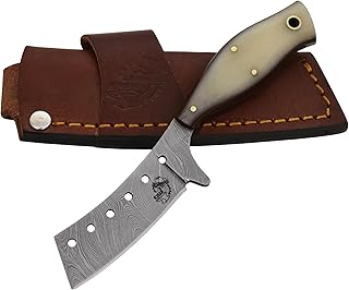 Knives Ranch High Carbon Damascus Steel Hole-Headed Knife with Sheep Bone Handle Fine Quality Dual Carry Vertical or Horizontal Cowboy Crossdraw Leather Sheath Snug Fit (3131-B) - Knives Ranch
