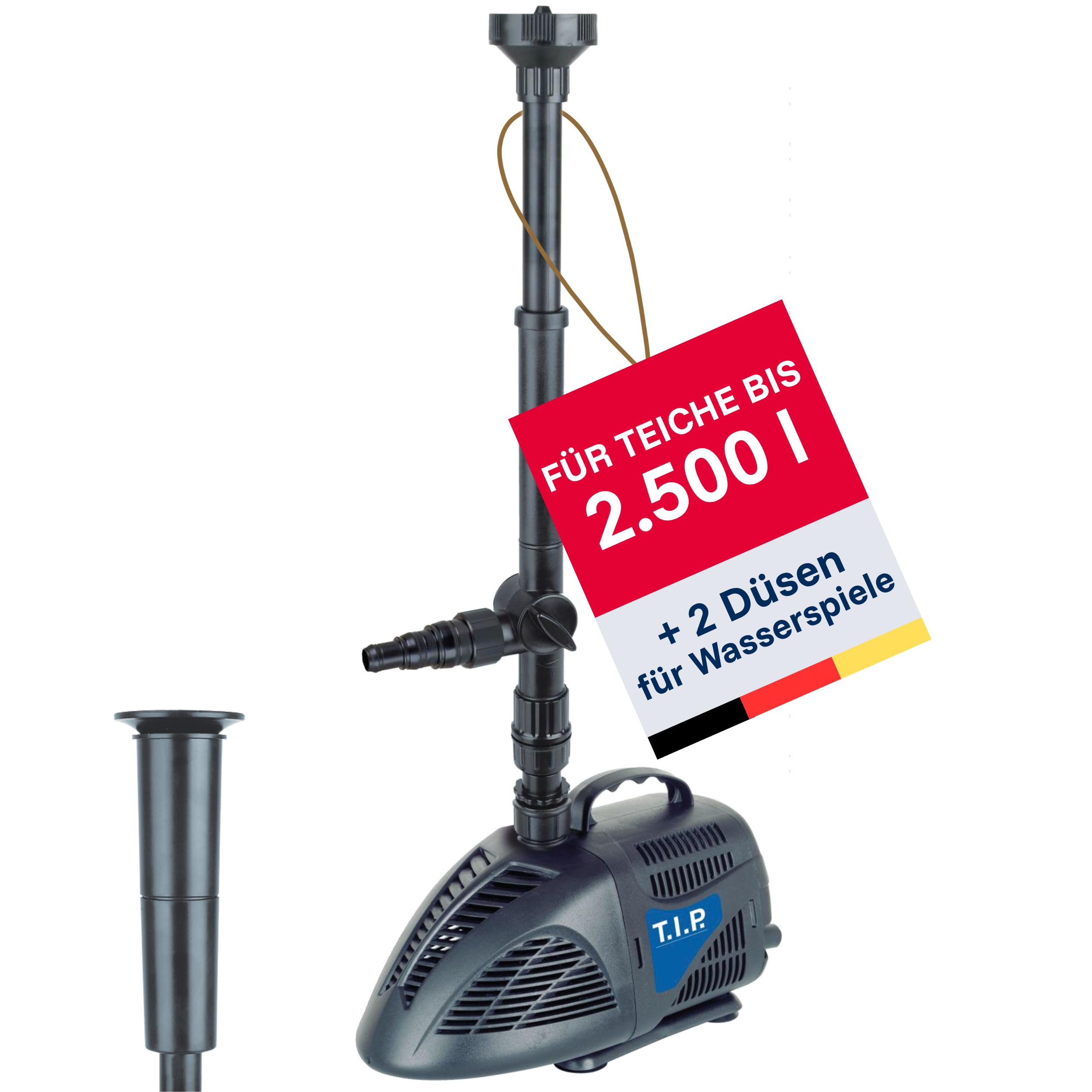 T.I.P. Teichpumpe - Wasserspielpumpe (2.500 l Teichvolumen, 1.000l/h Fördermenge, 1,5m Förderhöhe, Auch für Zierbrunnen, Innen- und Außenbereich, inkl. 2 Wasserspiele, 3-Wege-Ventil) WPS 1000 R, 30421