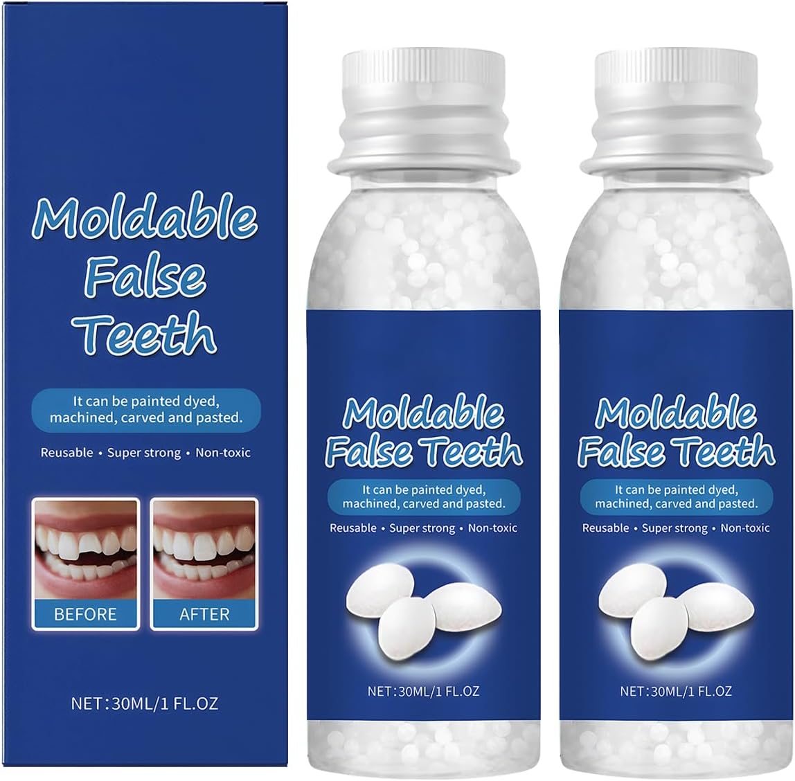 Temporary Tooth Filling Repair Kit,Denture Repair& Missing Tooth Replacement Kit for Broken,Chipped or Missing Teeth,Gap Filling Moldable Fake Teeth2Pcs