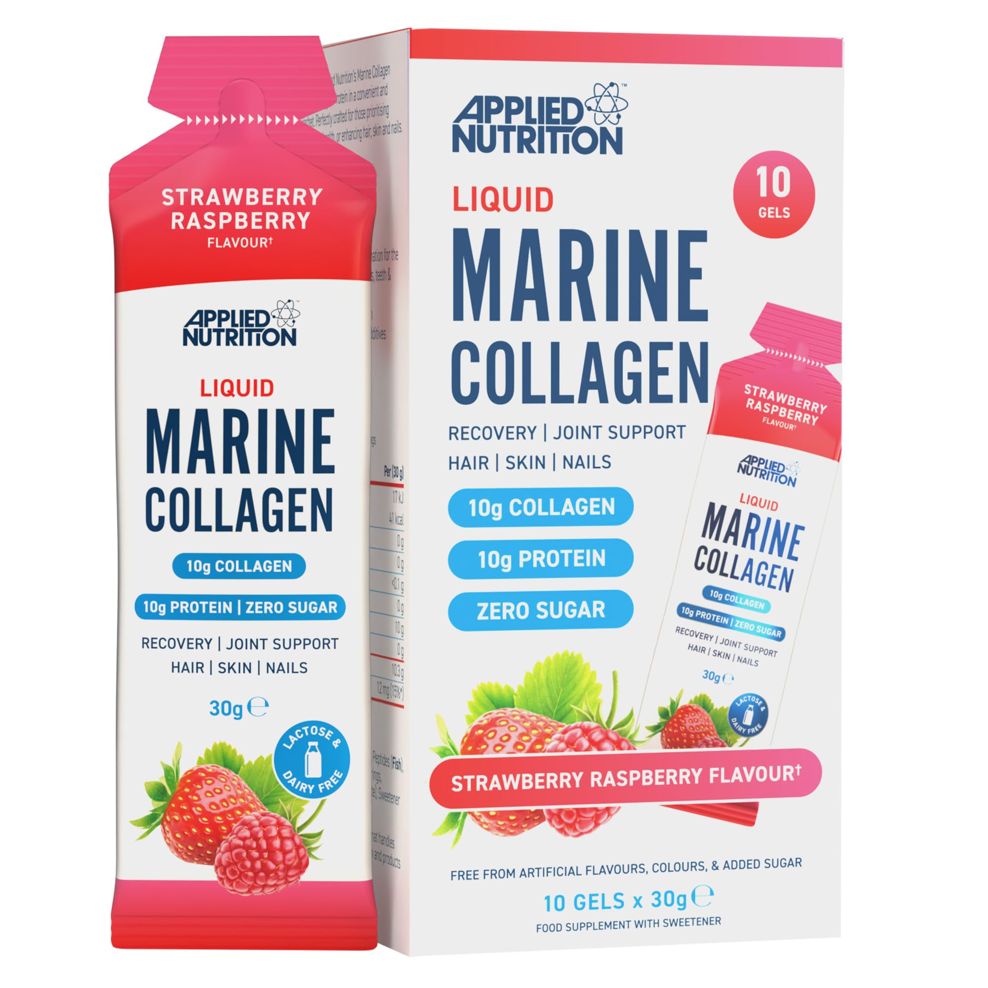 Applied Nutrition Liquid Marine Collagen Gel | 10g Collagen + Vitamin C | Ready-to-Use Beauty Gel | Sugar-Free | Strawberry Raspberry | 10 x 30g Sachets