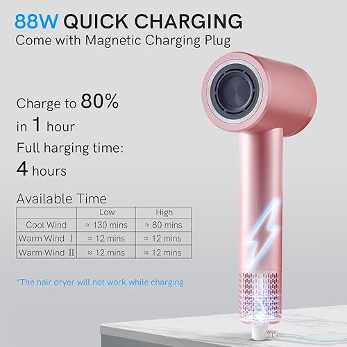 Miniatura 6 de Secador de pelo iónico inalámbrico con pantalla digital, secador de pelo de carga de 4 modos con boquilla magnética, secador de pelo de viaje para