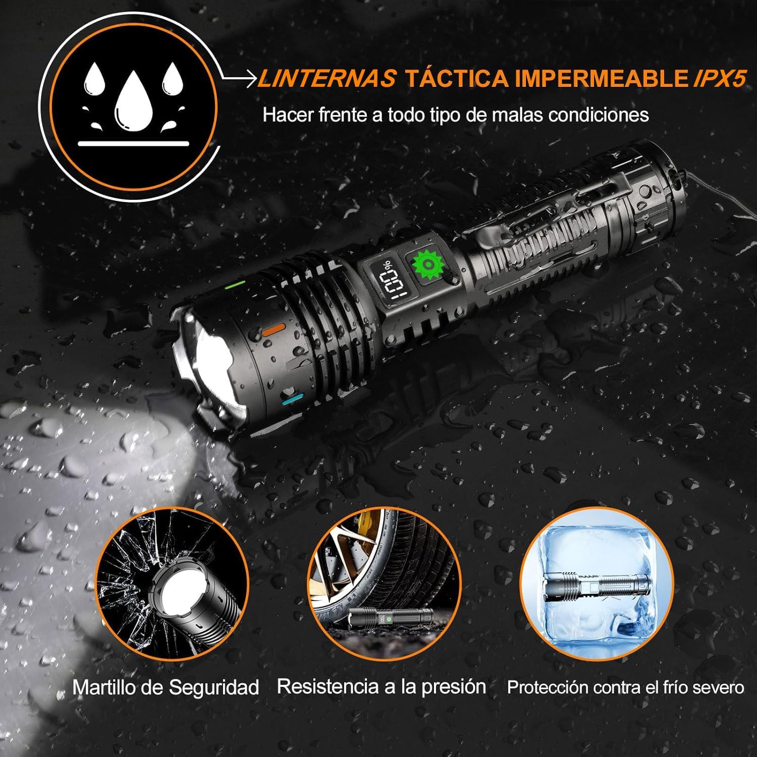 Relybo A05 LED flashlight highlighting its IPX5 waterproof rating, safety hammer function, pressure resistance, and severe cold protection.