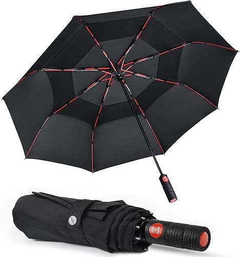Lejorain Collapsible Umbrella Compact Travel - Portable Black Double Canopy Automatic Windproof Umbrella - Folding Striking RedYellow Reinforced