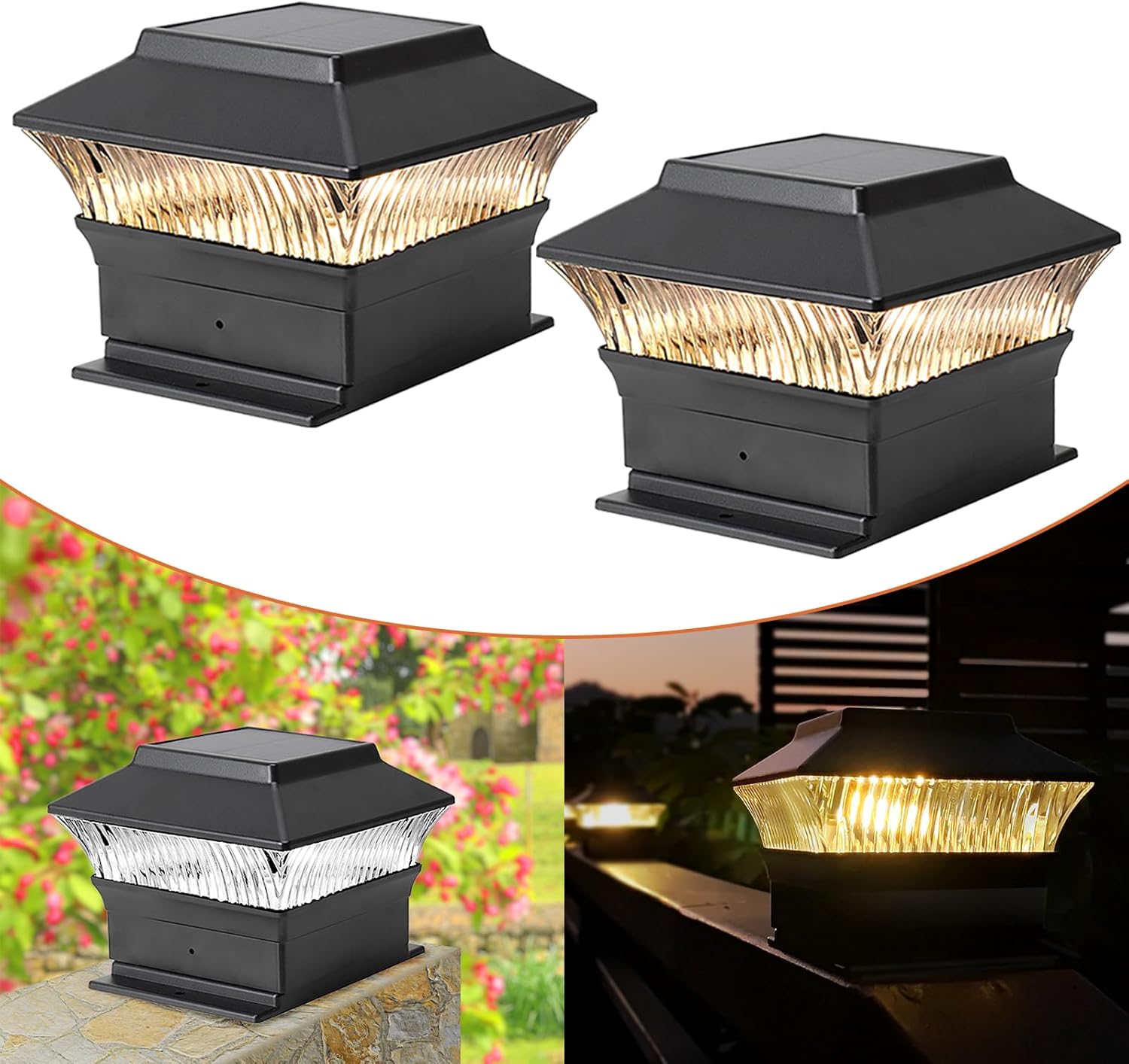 2 Pack Solar Post Cap Lights - Classic #1: for Flat Surfaces & 4x4 Vinyl, Also Fits 4x6 Wood (Sits-On-Top), 25 Lumen 3000K Warm White, Outdoor Deck Fence Light, Waterproof, Matte Black