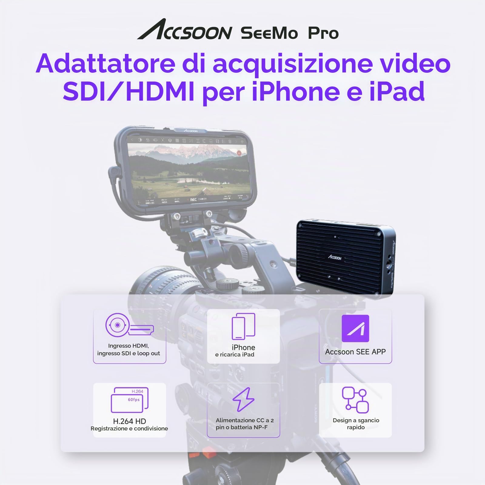 Accsoon SeeMo Pro Adattatore di acquisizione video SDI e HDMI a USB C supporto video 1080P 60FPS e monitoraggio/streaming/registrazione in tempo reale,