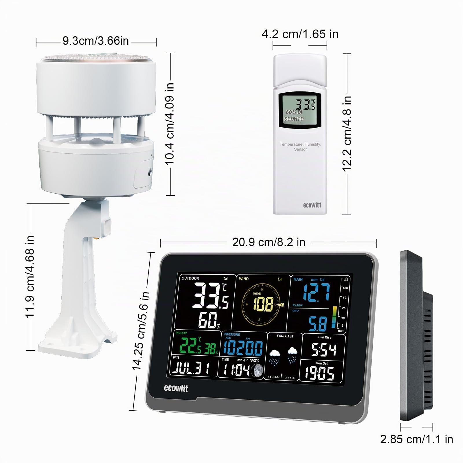 ECOWITT WIFI stazione meteo WS3912 con display LCD da 7,5 pollici per uso domestico, 3 in 1 Sensore meteo senza fili WS85 con pannello solare + un sensore di temperatura-umidità per esterni WN32