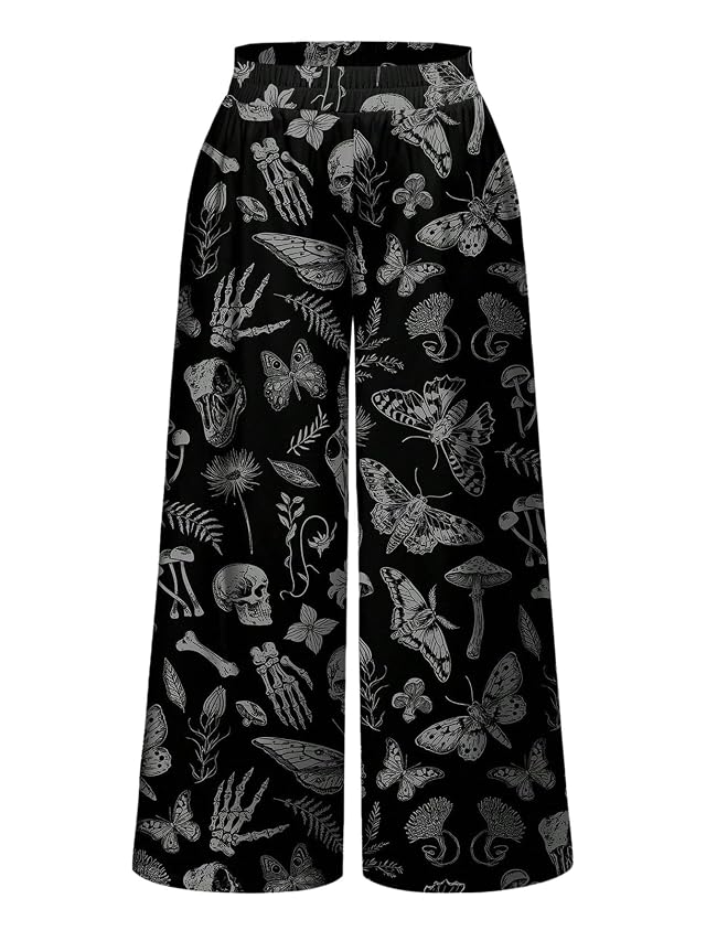 SHENHE Womens Plus Size Gothic Wide Leg Pants Elastic Waist Graphic Flowy Palazzo Pants Trousers