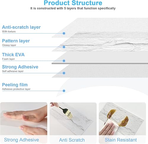 Vista 4 de URCOLOR 32 unidades de azulejos de PVC para pelar y pegar, 4 x 8 pulgadas, rústico blanco pizarra en azulejos para cocina, baño, lavadero, caravana