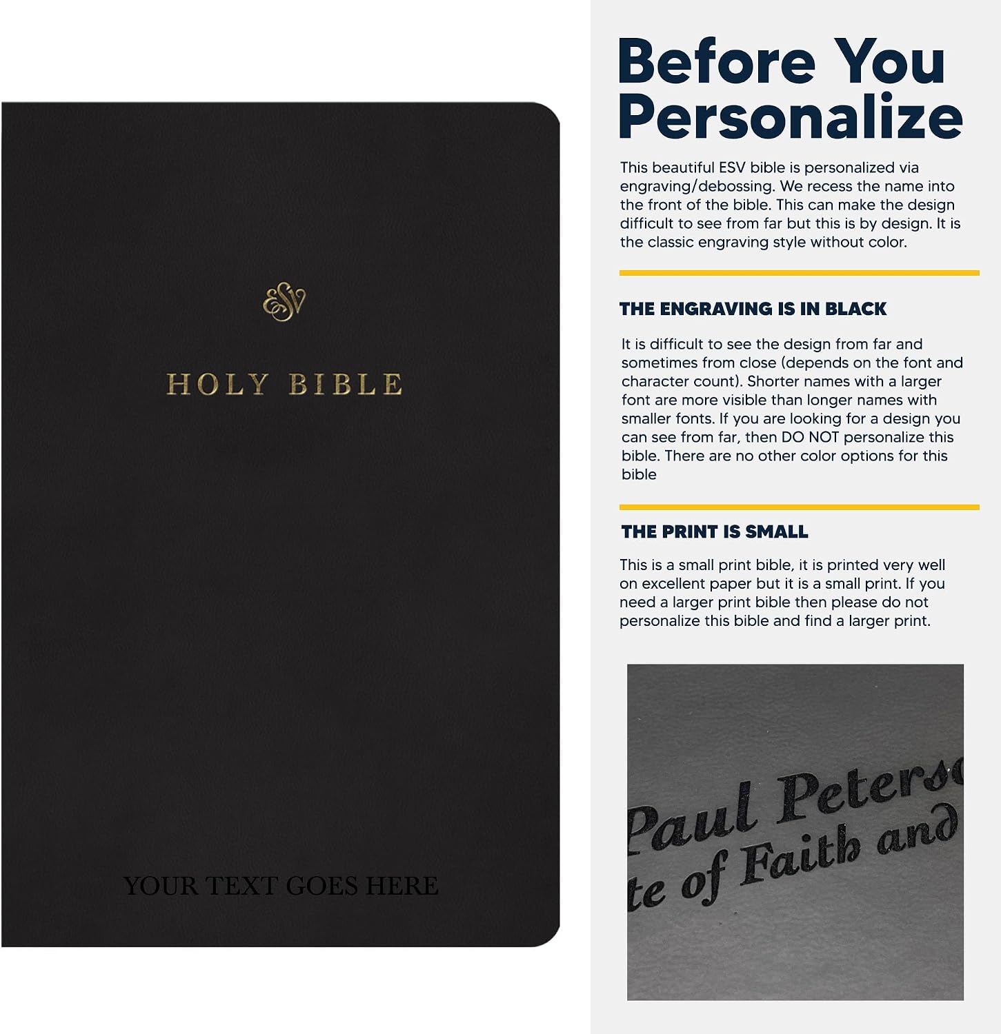 Personalized ESV Bible English Standard Version Trutone Faux Leather Holy Bible with Custom Name Includes Up to 3 Rows of Text, Custom Gift for Christian & Religious Celebrations | Black
