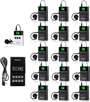 Retekess TT122 Tour Guide System, Church Translation Equipment, One-button Operation, Translation Devices for Court1 Transmitter 15 Receivers 1 Charging Base | for Court, Onebutton Operation, 2.4G, 150m/492ft, 16-Port USB Charger, 1 Transmitter 15 Receivers