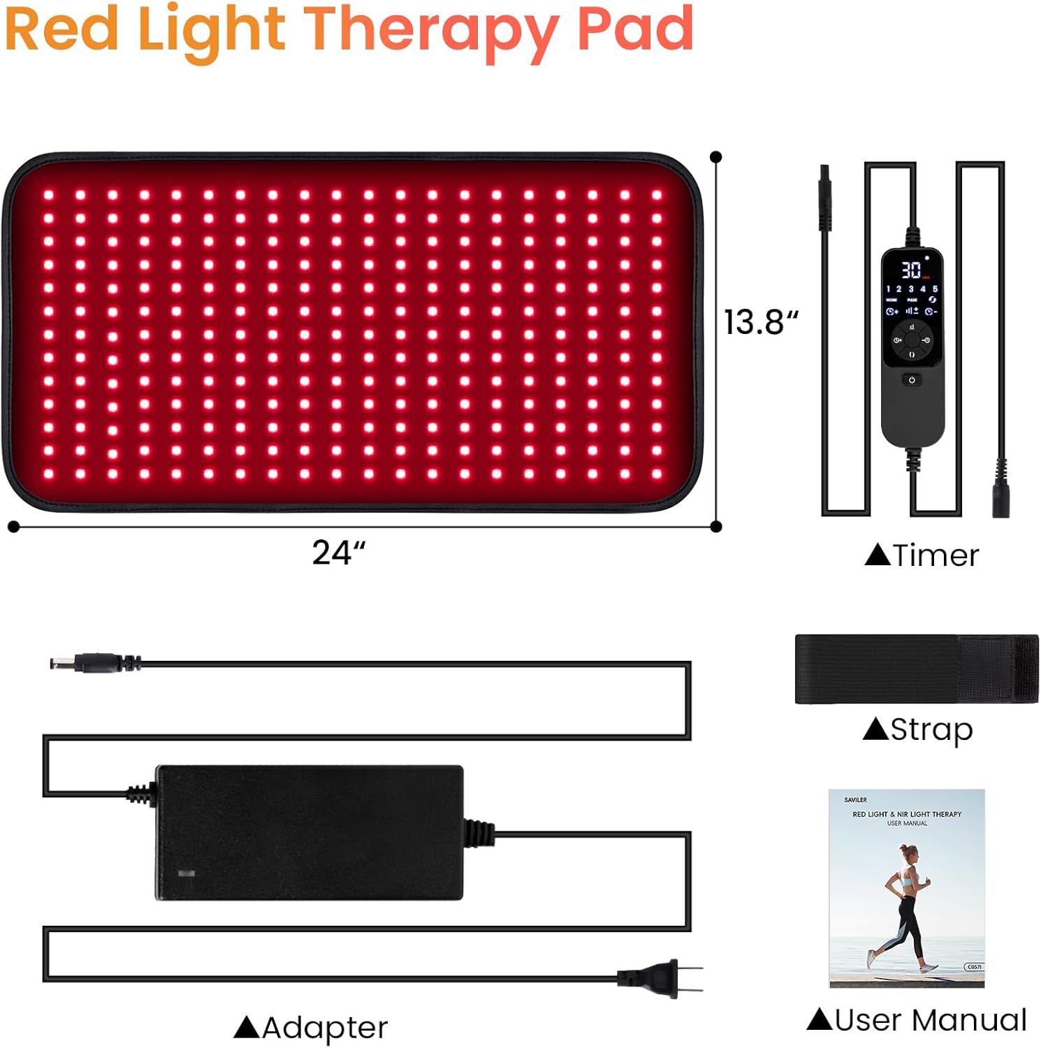 SAVILER® 24’’ x 13.8’’ Large Red Light Therapy Pad for Body, 260 LEDs Light Therapy Mat with Timer, 32W Near Infrared Light Therapy Wrap for Back Shoulder Joint Muscle Pain Relief