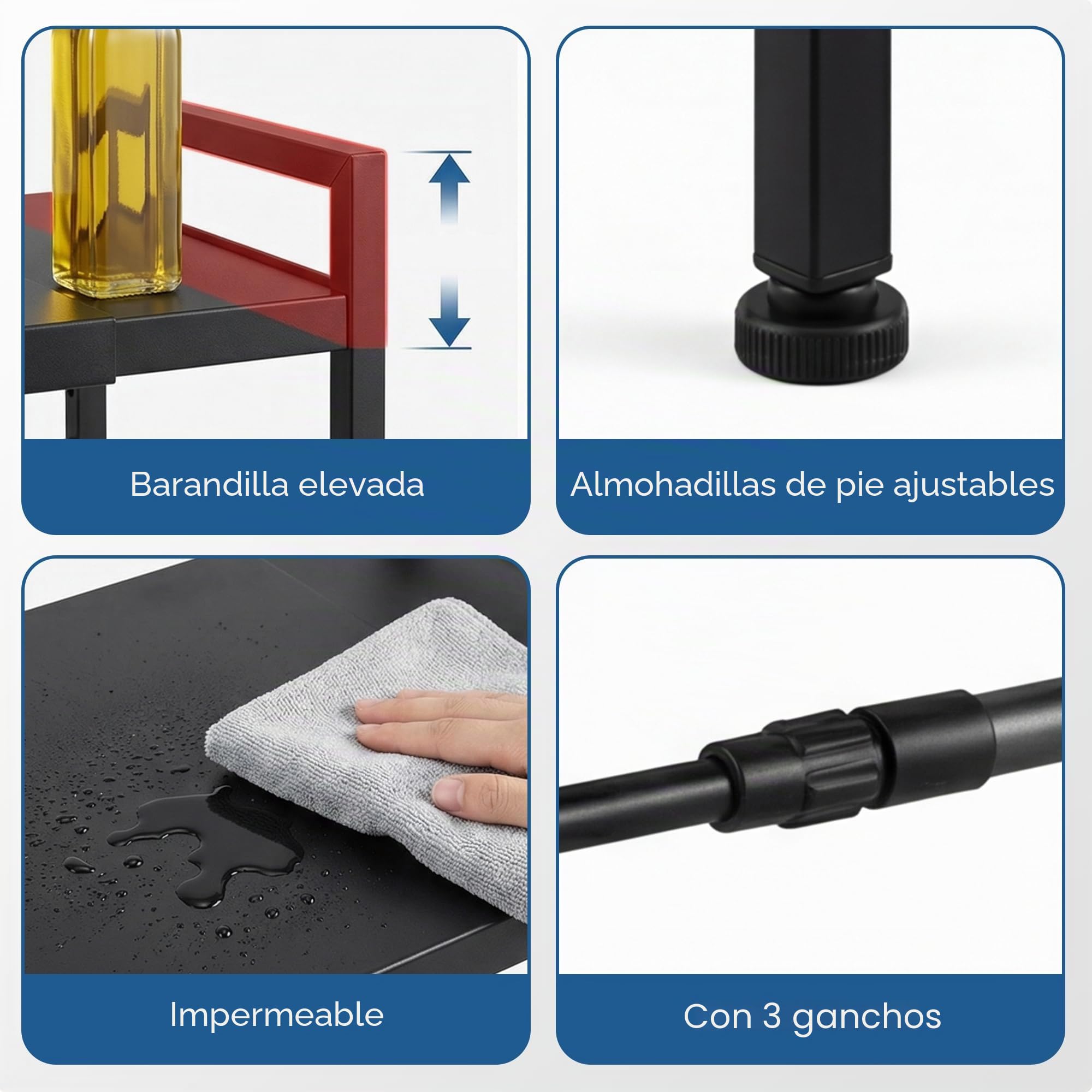 Estante soporte para microondas metálico extensible de 3 niveles | organizador de encimera de cocina con 3 ganchos colgantes, estante ajustable para almacenaje de utensilios de cocina
