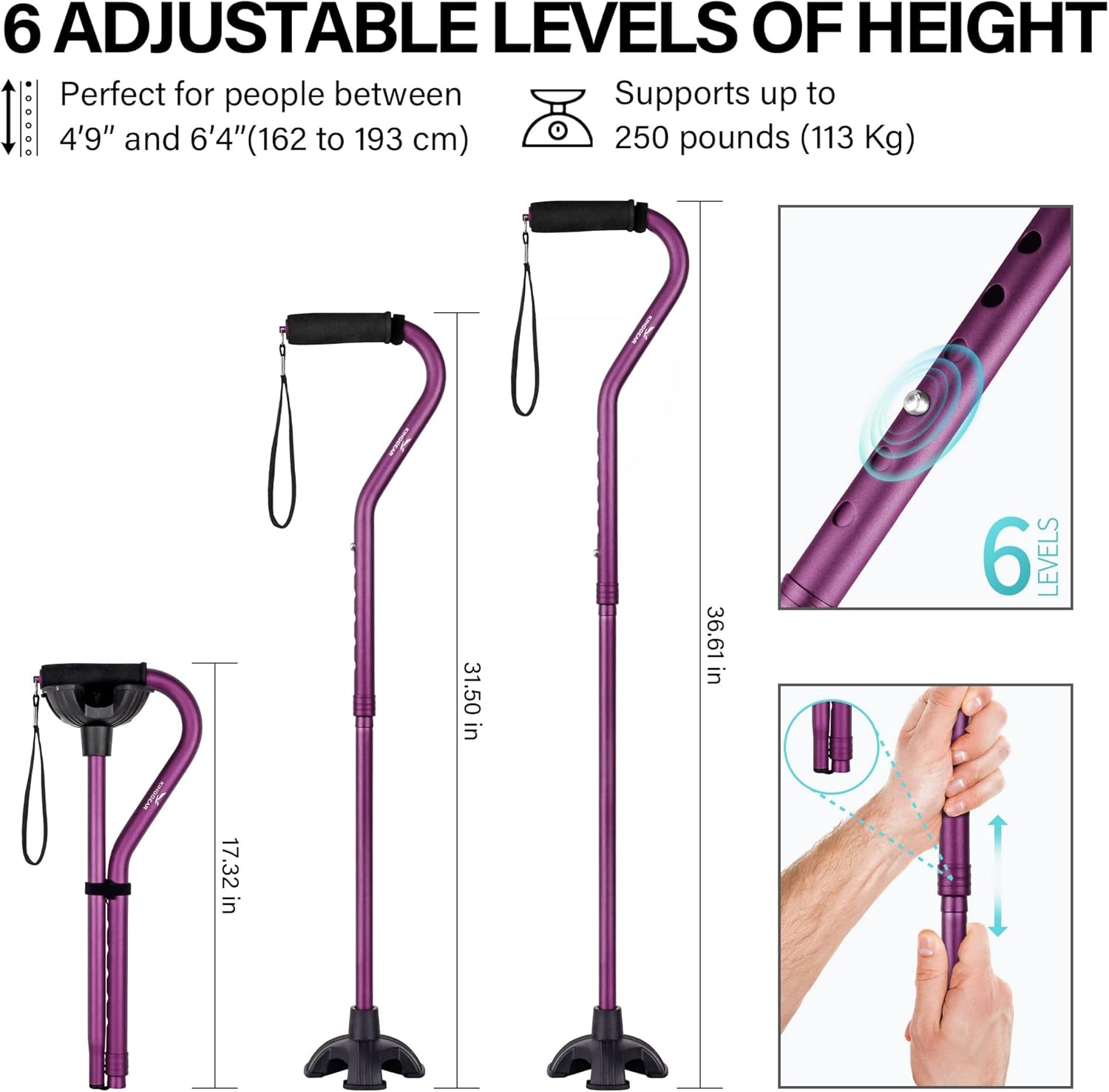 KingGear Walking Cane for Men & Women - Adjustable,Lightweight & Sturdy Offset Walking Stick - w/ Additional Big Tip - Mobility Aid for Elderly, Seniors & Handicap (Purple) : Health & Household