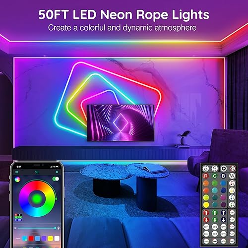 Miniatura 2 de AILBTON Tira de luces LED de neón de 50 pies, control con aplicacióncontrol remoto, luces LED flexibles, múltiples modos, luces de neón RGB para