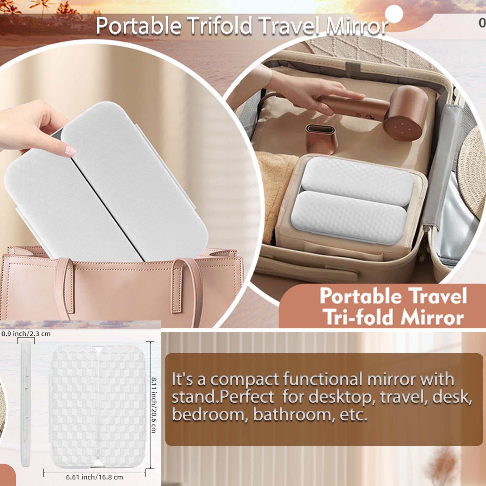 Espejo de maquillaje de viaje plegable con luz, 1x/5X/10X/20x/30x, espejo de maquillaje de viaje recargable con soporte ajustable, 3 colores regulables, control táctil (blanco puro)