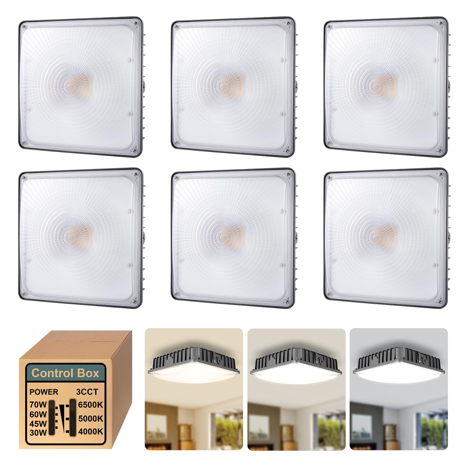 70W LED Canopy Light 6Pack, Selectable Wattage 30/45/60/70W, 3CCT 4000/5000/6500K, Square Canopy LED Lights, Commerical Gas Station Light for Garage Carport, 0-10 Dim 100-277VAC, ETL Listed