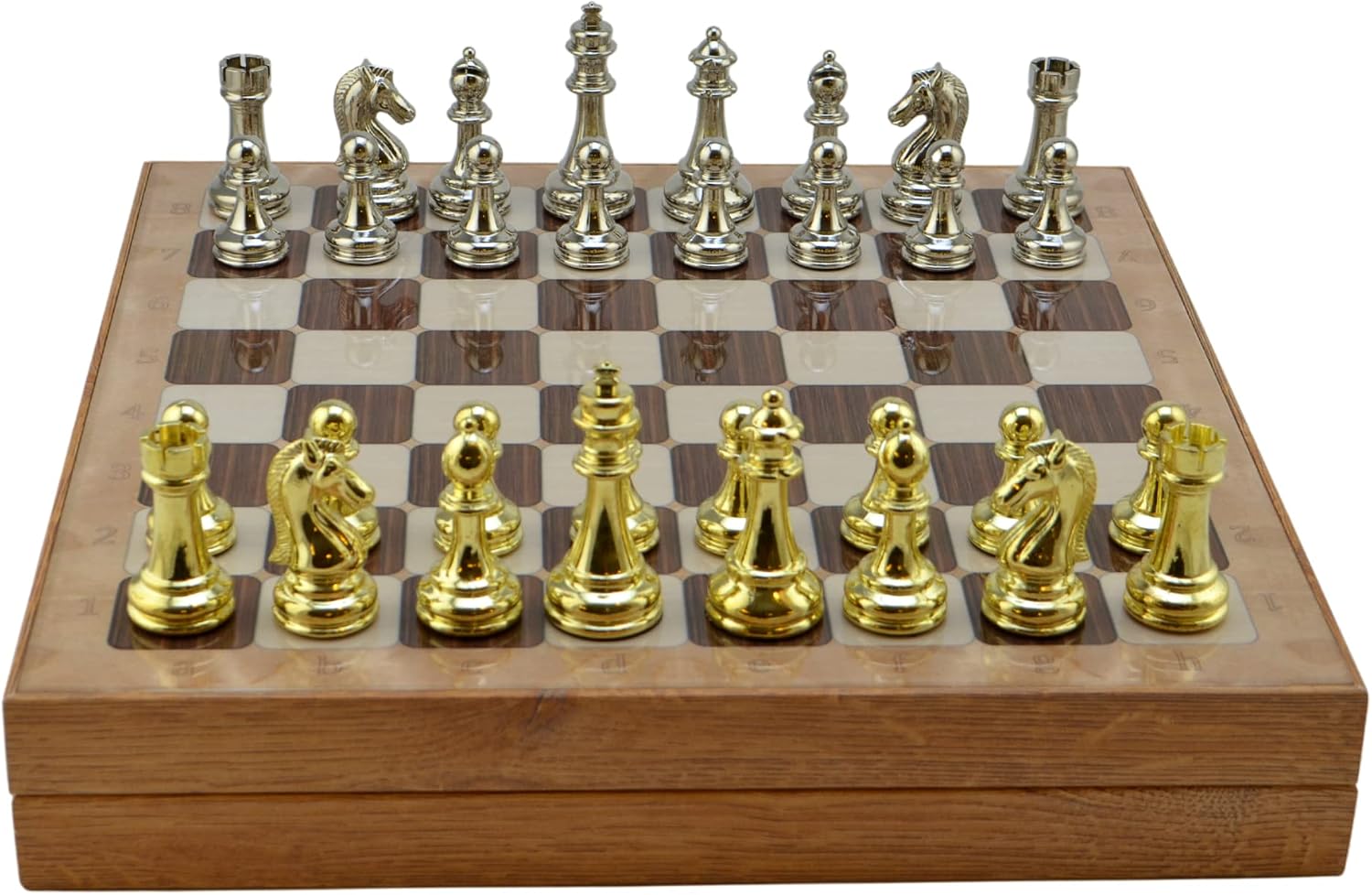 Classic Figures Metal Chess Set for Adults,Handmade Pieces and Different Design Wooden Chess Board with Storage (Rustic)