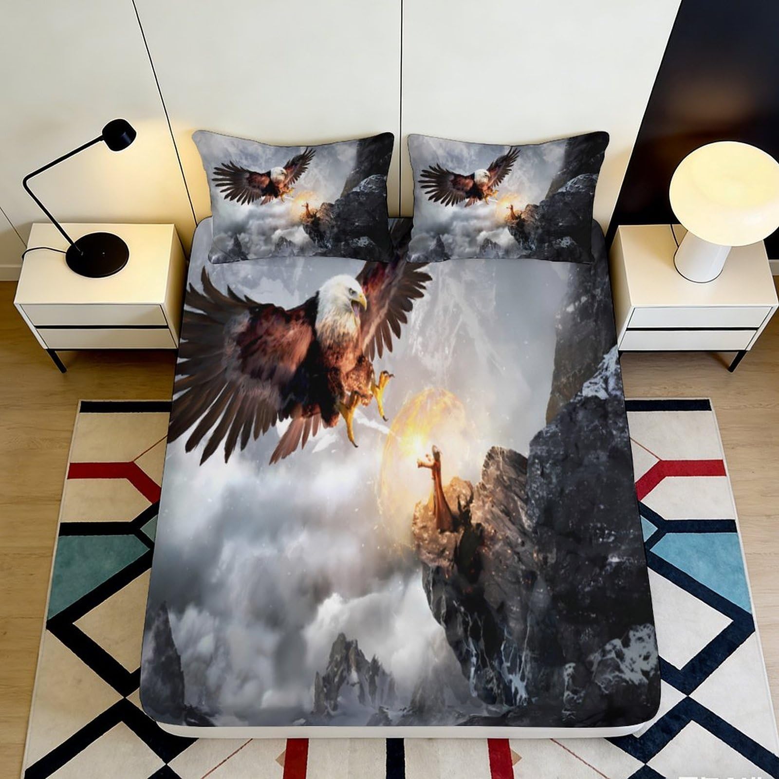 3D Printed Majestic Eagle Mountain Fitted Sheet Microfiber Soft Breathable Fantasy Scene Mattress Cover for Bedroom Dorm Decor 90x200x25cm