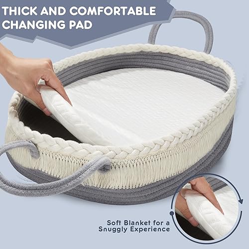 Miniatura 4 de Cesta cambiadora para bebé, cesta de moisés con almohadilla impermeable y manta, cesta tejida portátil y lavable para tocador y cambio de pañales