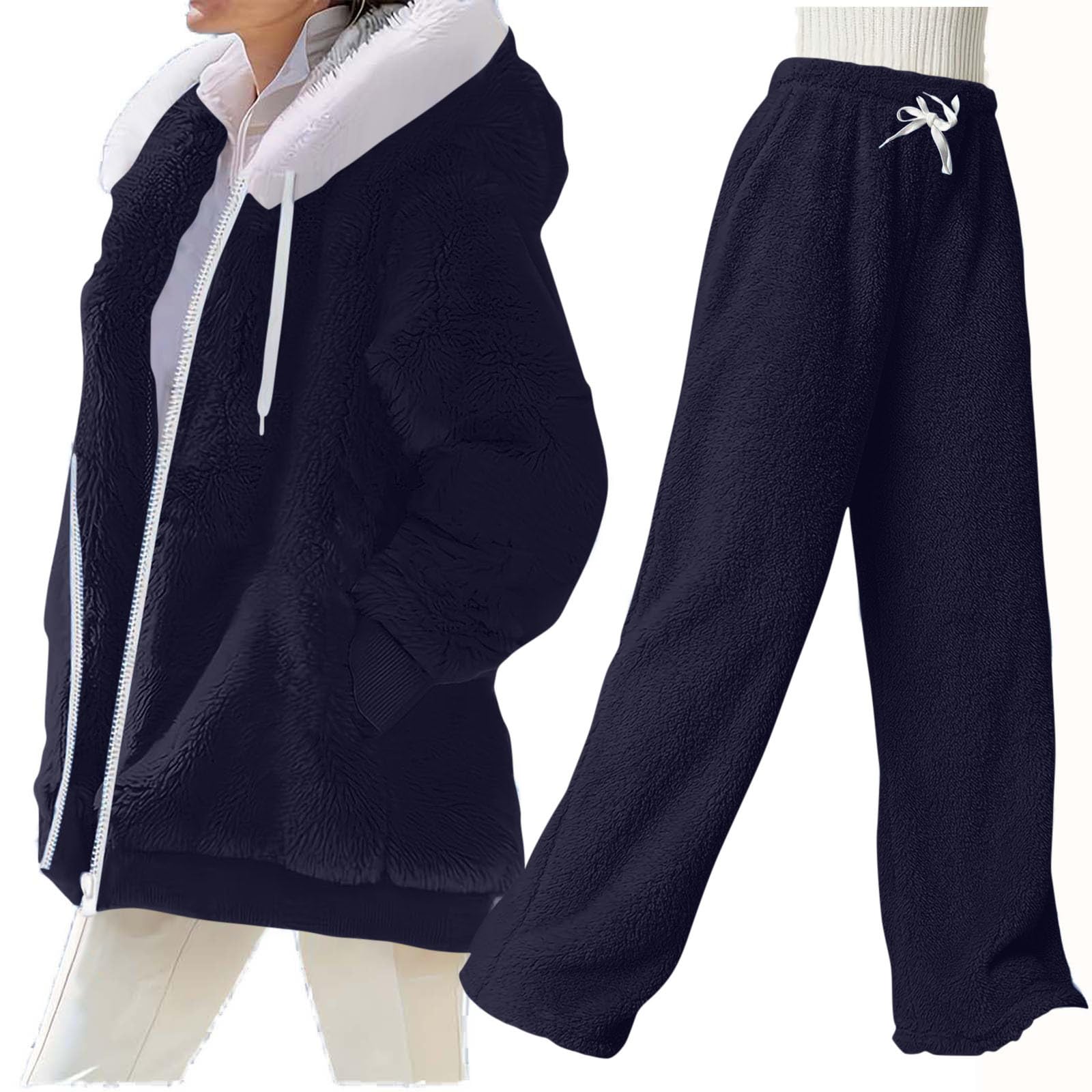 HGps8w Womens Fuzzy Winter 2 Piece Outfits - Full Zip Oversized Plush Hooded Coat Fleece Pants Ultra-Soft Thermal