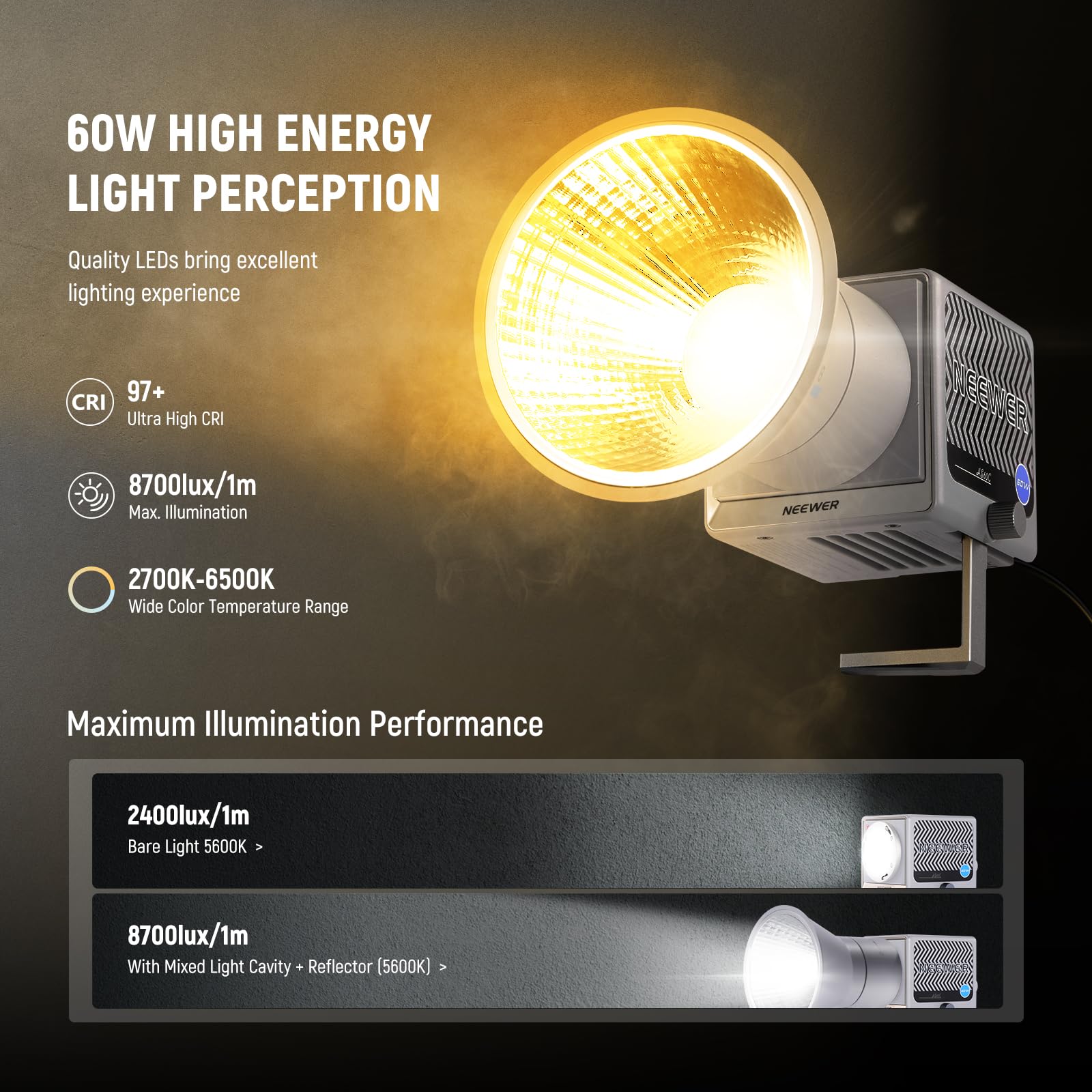Luce LED NEEWER HS60C RGB 60W | Controllo APP/2.4G | COB Dimmerabile Per Video E Streaming - Foto 8