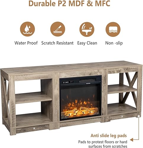 Miniatura 5 de VINGLI Soporte de TV con chimenea con luces LED para televisores de hasta 65 pulgadas, centro de entretenimiento moderno de granja (roble gris, 59 x