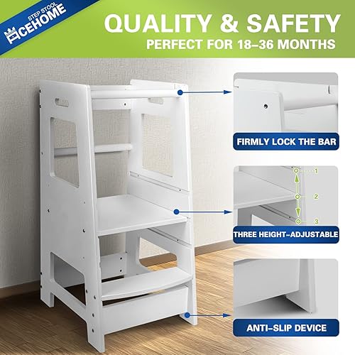 Miniatura 3 de Taburete de cocina para niños pequeños, torre para niños pequeños con riel de seguridad, taburete para encimera de cocina, altura ajustable,