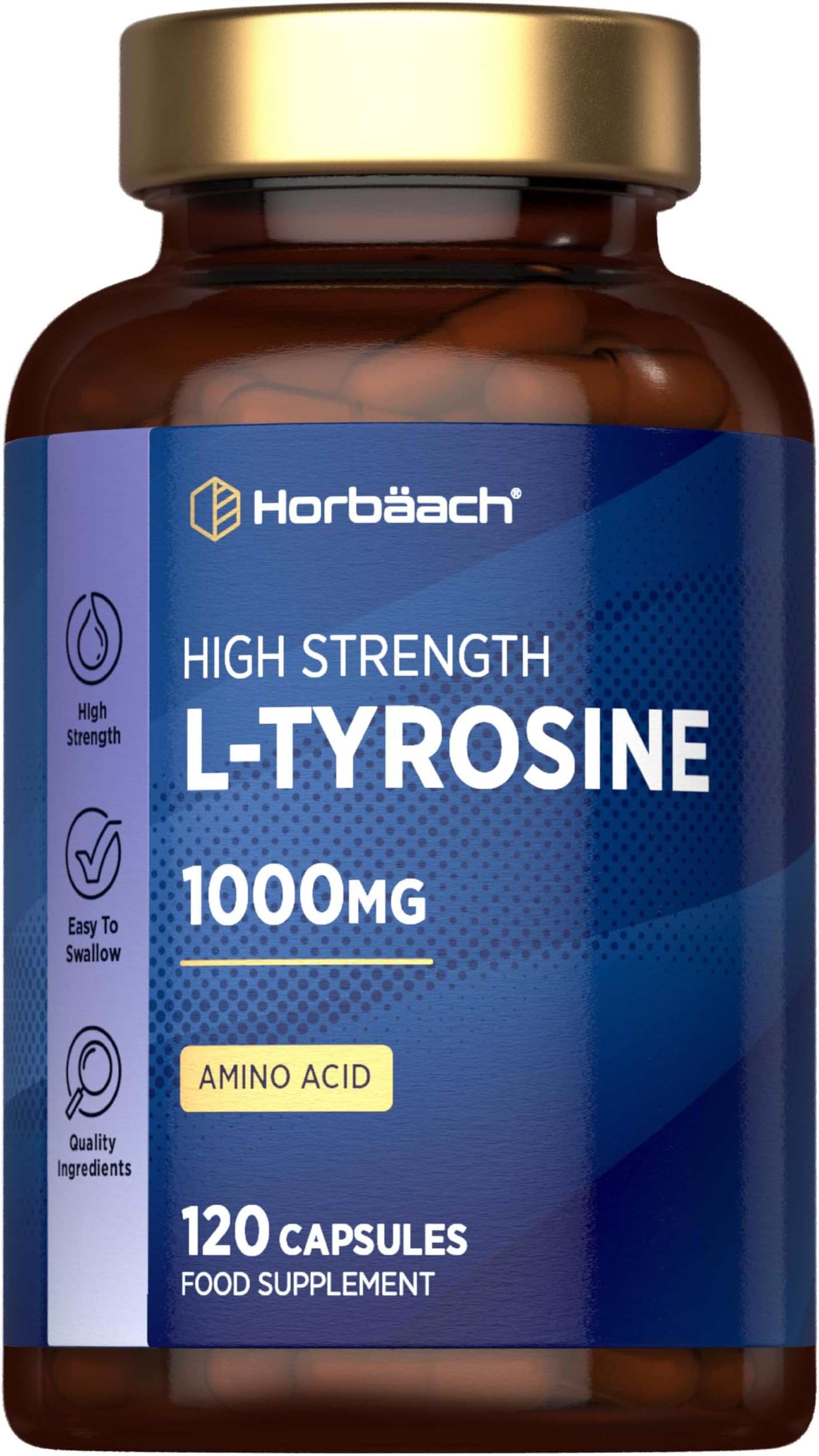 L-Tyrosine Supplement 1000mg | 120 Vegan Capsules | Fermented High Strength Supplement | Free Form Amino Acid | by Horbaach