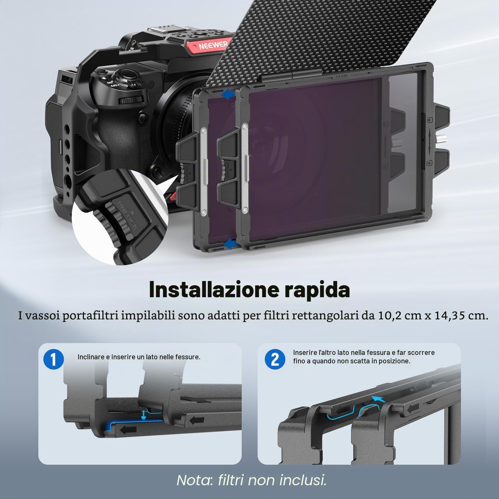 NEEWER Mini Matte Box con Due Coinici per Filtri da 4"x5,65", 4 Adattatori per Lenti Circolari, Compatibile con SmallRig Accessori Compatibile con K&F NISI TIFFEN NEEWER Filtro Cinematografico, PG002